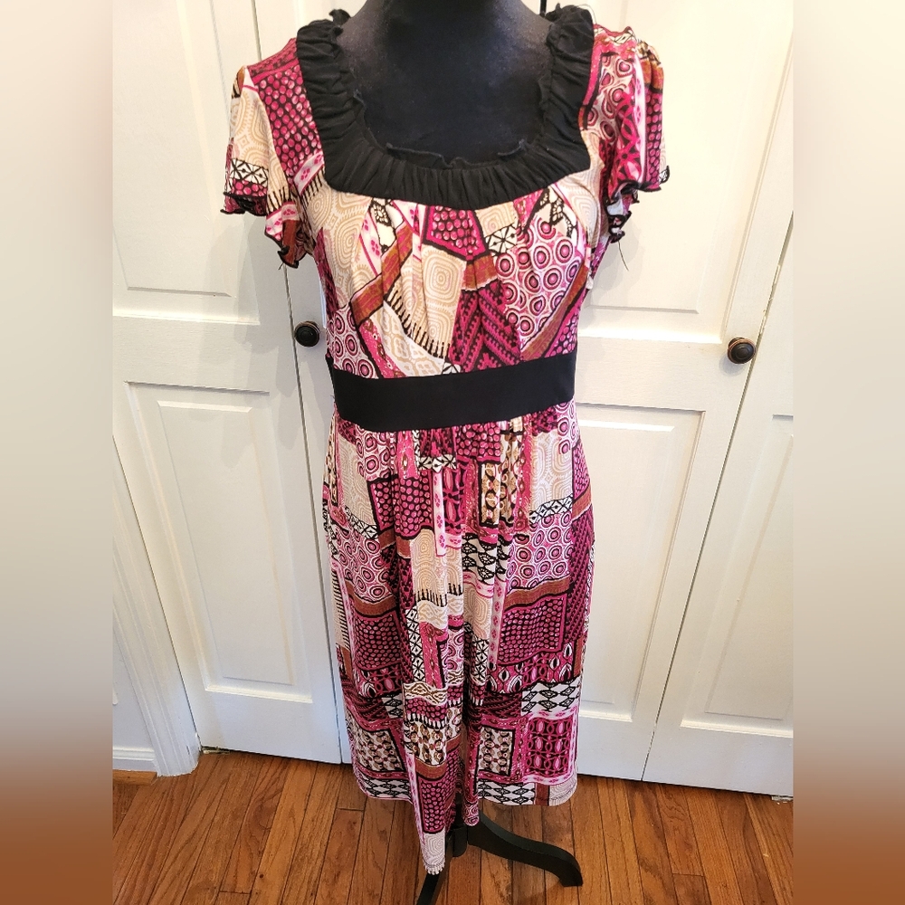 Vintage y2k Black and Pink Babydoll Midi With Ruffle Collar  L Boho Retro